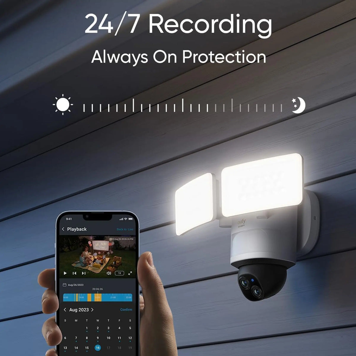 Eufy Security dual camera wired floodlight camera mounted on wall with mobile app
