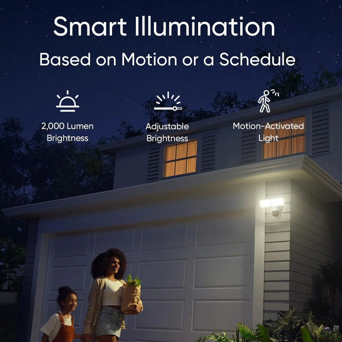 Eufy Security dual camera wired floodlight camera mounted on wall at night with lights on