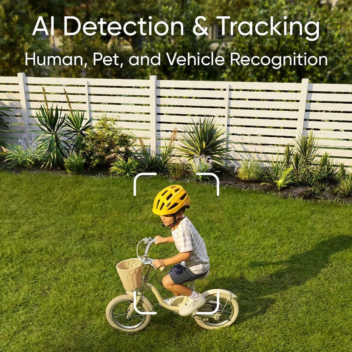 Eufy Security dual camera's view detecting child cycling on garden