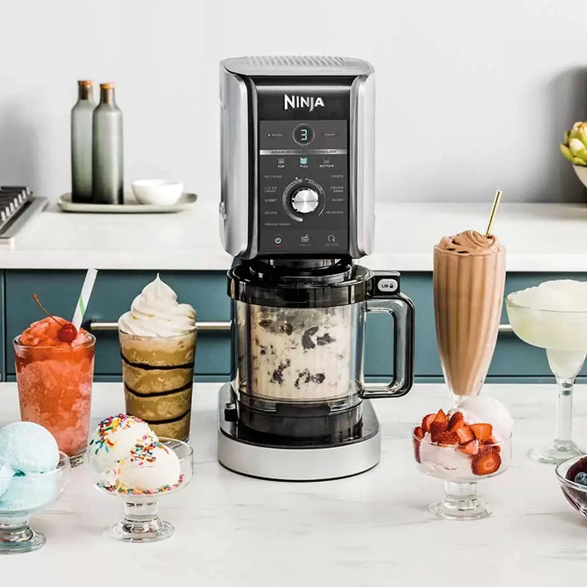 Ninja Creami Deluxe ice cream maker with homemade desserts and ingredients