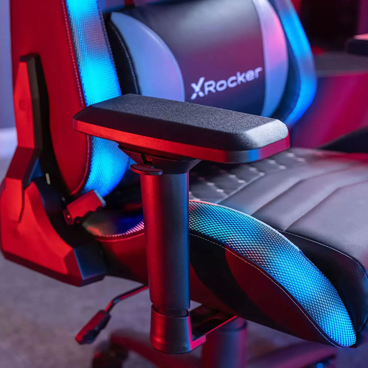 X Rocker Opal gaming chair RGB lighting close-up of arm rest